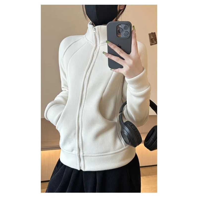 Skinny Hooded Sweatshirt Women High-end Double-sided Fleece Waist Zipper Cardigan Jacket Autumn Winter Simple Sporty Top