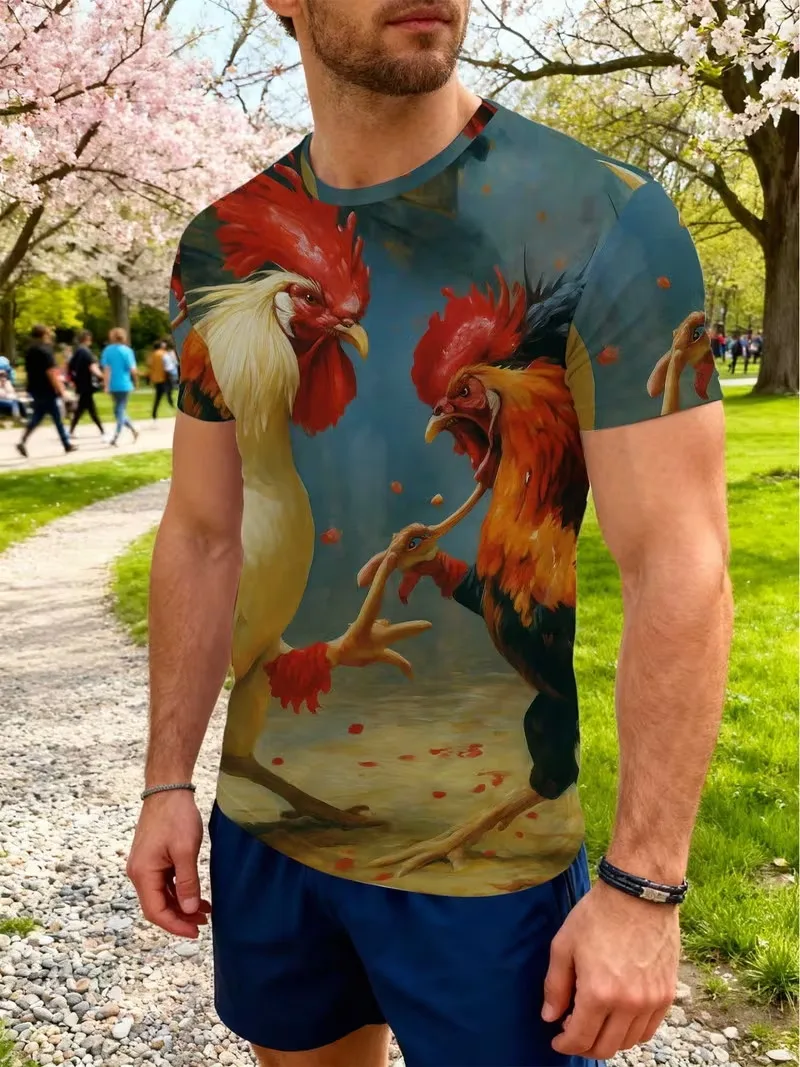 Men's 3D Realistic Rooster Print T-Shirt Funny Farm Animal Graphic Tee Casual Short Sleeve Crew Neck Novelty Tshirt For Men