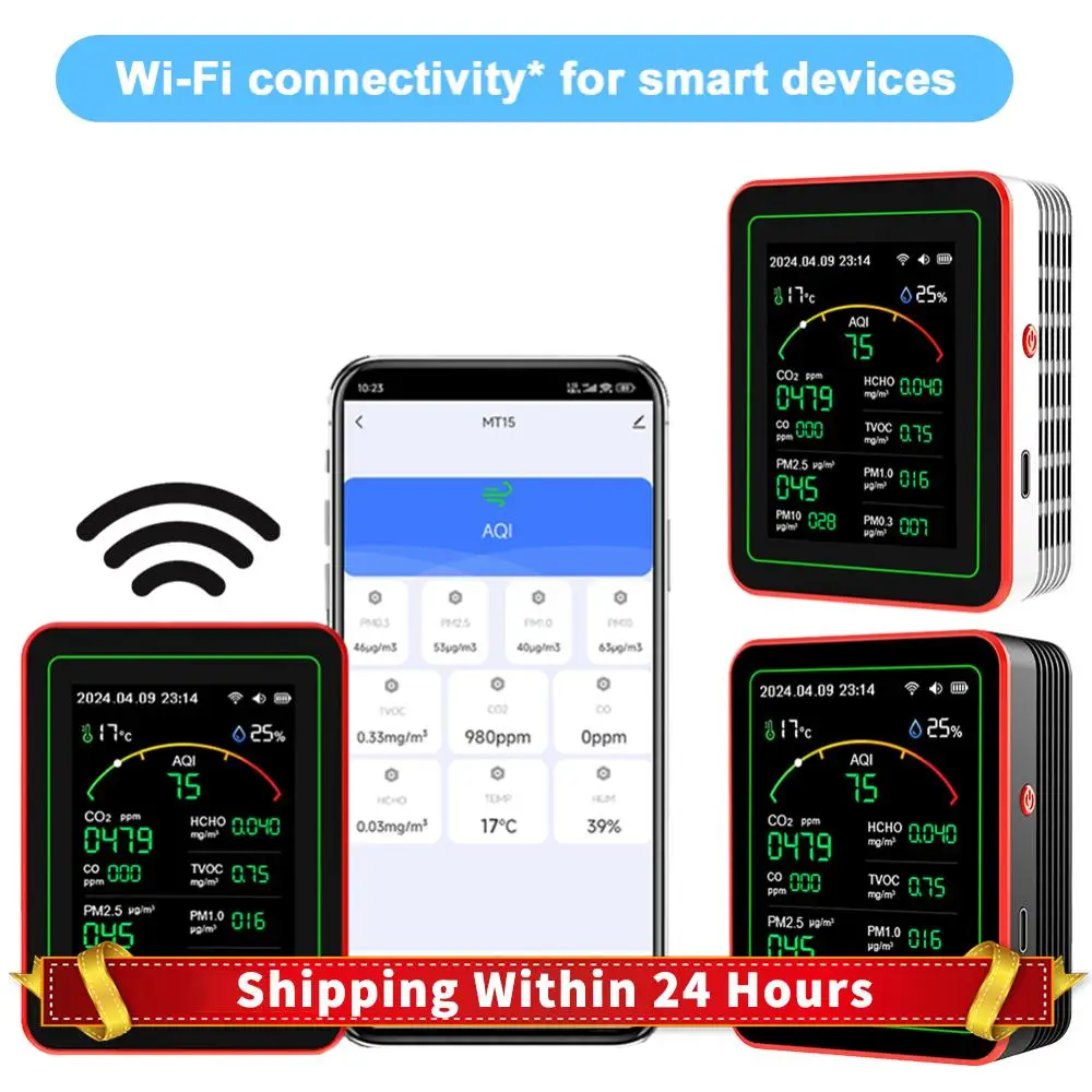 WiFi 15-in-1 Indoor Air Quality Monitor TFT Display Household CO CO2 TVOC HCHO Tester APP Control Temperature Humidity Meter