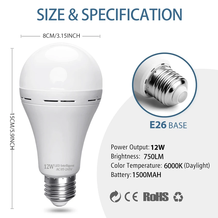 Kasotile 1 Pack Rechargeable Emergency Light Bulbs, Battery Powered LED Light Bulb 6000K Daylight E26/E272 7W/9W/12W/15W with 12