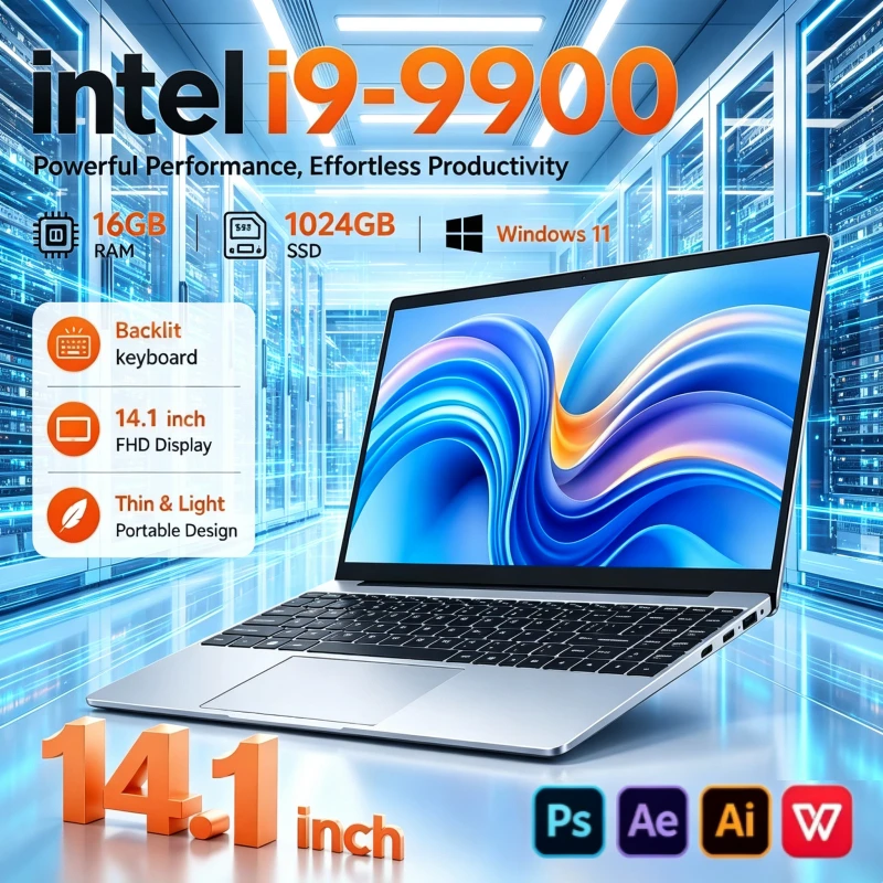 2026 NEW Intel Core i9 9900 1TB/2TB SSD Laptop 14.1" Portable Notebook, 16GB RAM, Windows, For Office & Gaming PC Notebook New