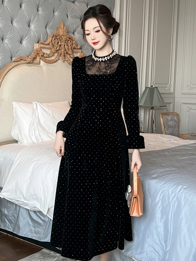 Dames Vintage Elegante Banketjurken Frans Zwart Kant Splice Heldere Steentjes Swing Gewaad Vrouwelijke Feest Prom Vestidos Dame