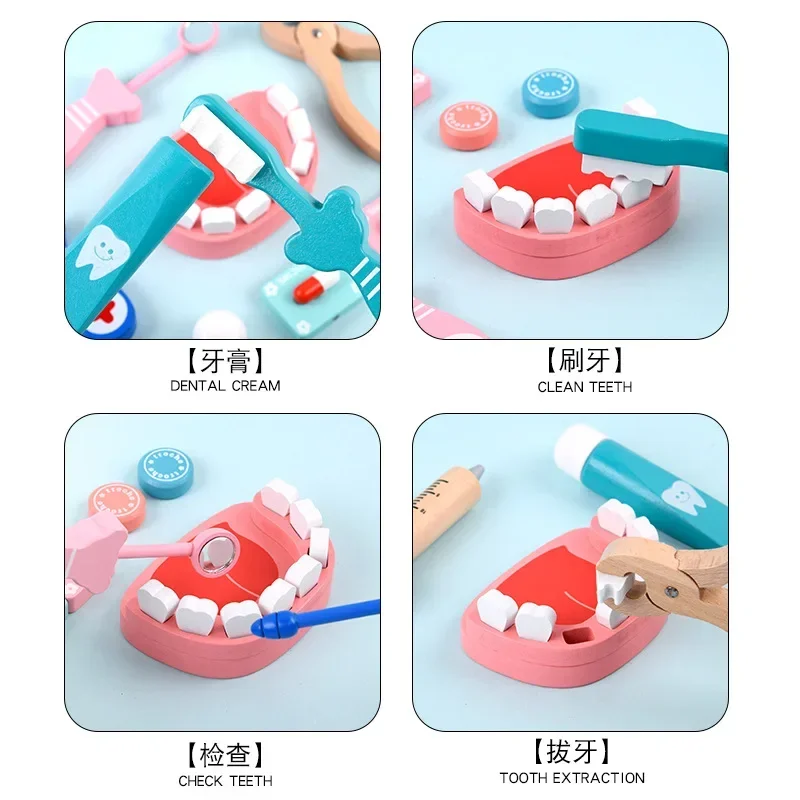 Giocattoli da dottore per bambini Set Kit da gioco di finzione in legno per bambini Giochi per ragazze Ragazzi Dentista medico rosso Scatola per medicinali Borse di stoffa Regali