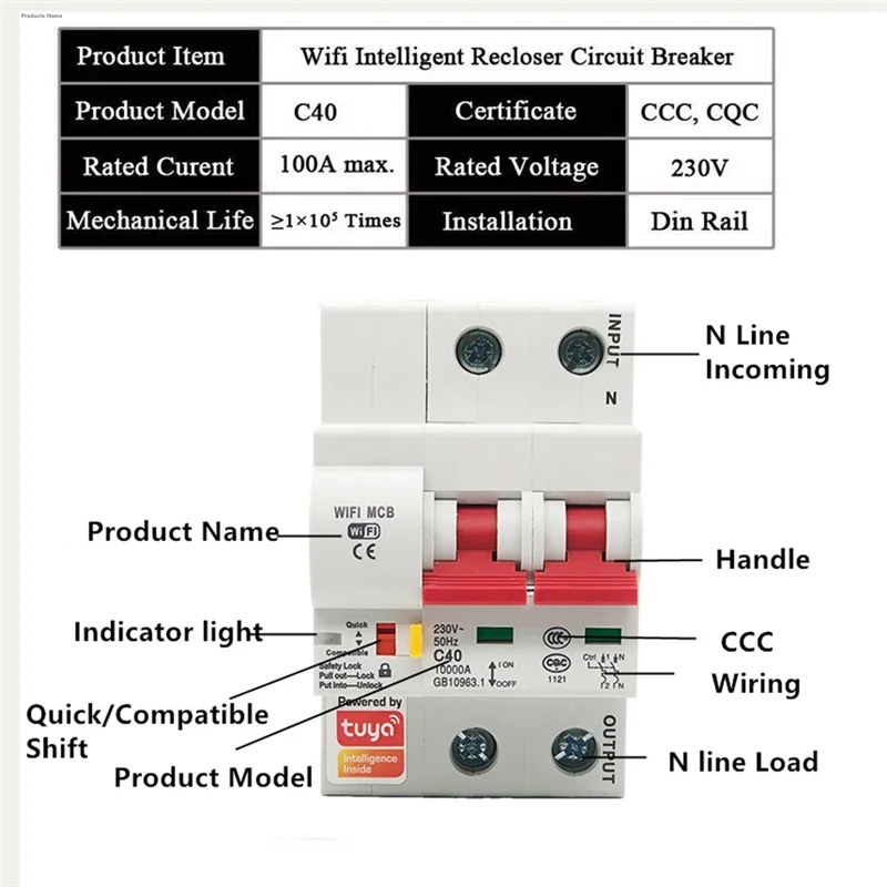 AEF7-1 Stück 80A Wifi Smart Circuit Breaker Automatischer Schalter Überlast-Kurzschlussschutz (4P)