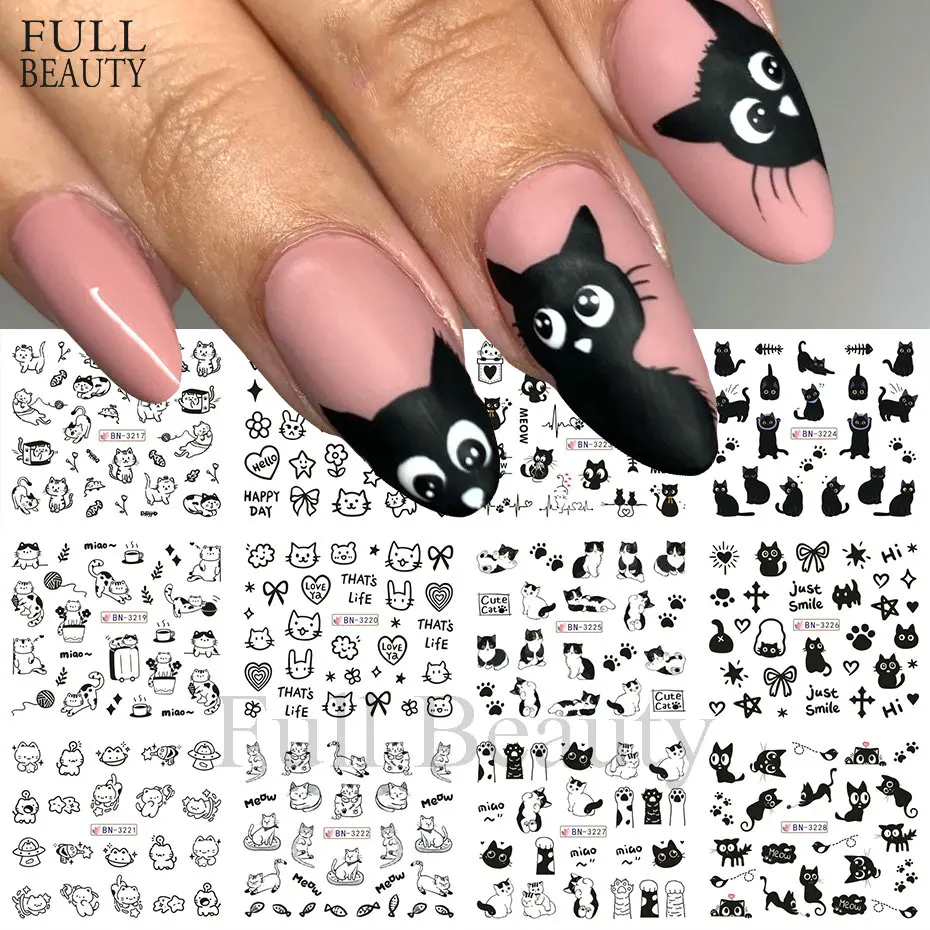 12pcs Black Cat Nail Art Water Stickers Cute Cartoon Cat Animals Transfer Sliders Decals Watermark Tattoo Decorations Manicure