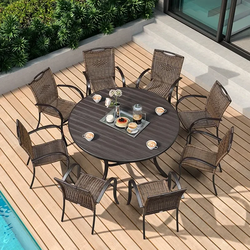 

Purple leaf outdoor table, chair, courtyard garden rattan chair, open-air dining chair, plastic and wooden villa table