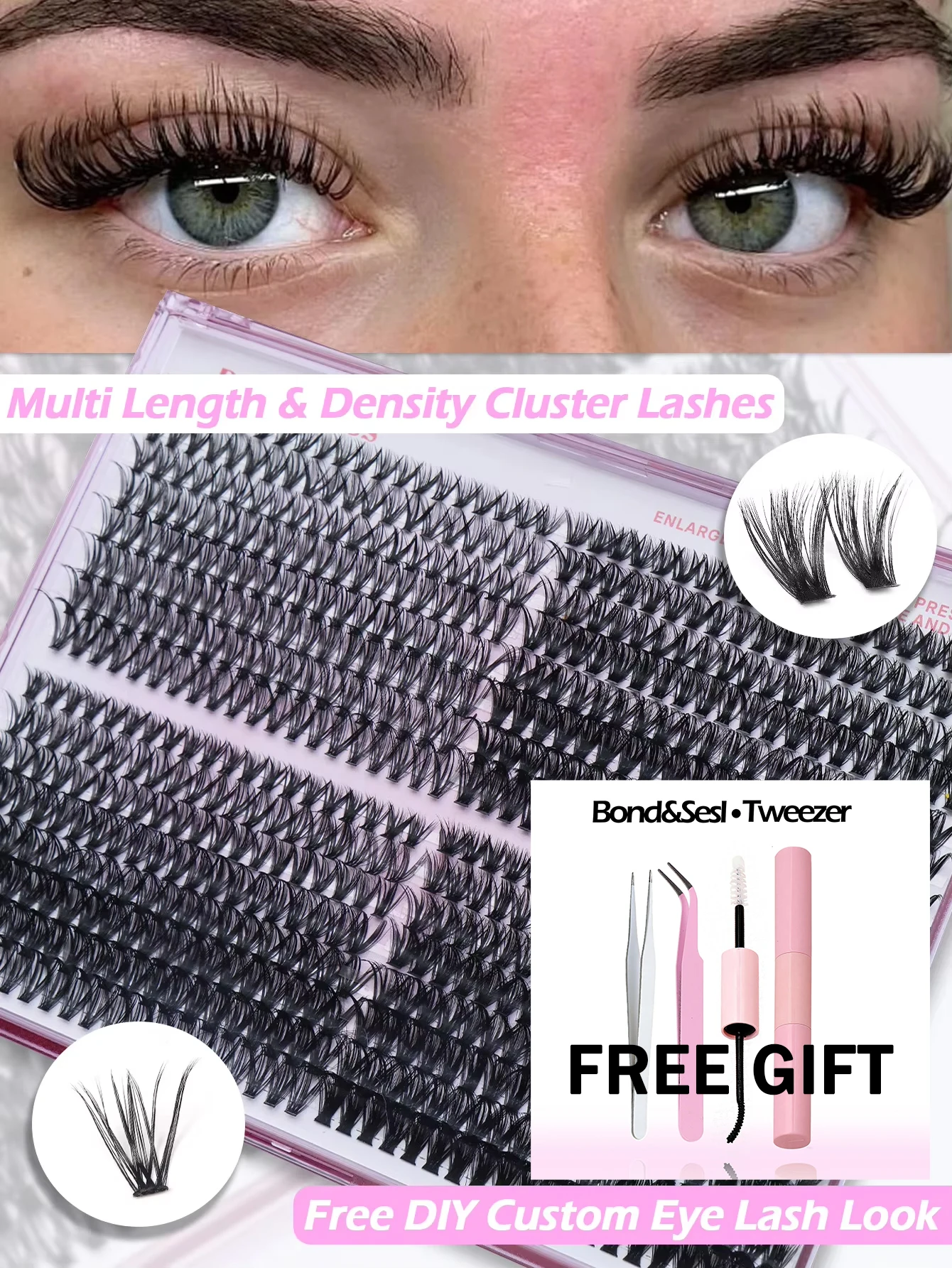 Multi‑Length & Density Lash Clusters Tray, DIY Individual Cluster False Eyelashes, Thick Wispy Volume Segment Lash Extensions, Soft Reusable Lashes for Custom Eye Look, Complete DIY Lash Kit with Bond Seal & Tweezer Free Gifts for Women Home Self‑Makeup