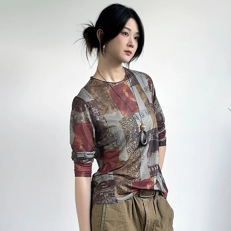 MadBlack-Women European T-Shirt, Sexy O Neck Geometry Print, Workwear Long Sleeve Slim M-2XL Elastic Tee, 2025 Winter T5N603CC