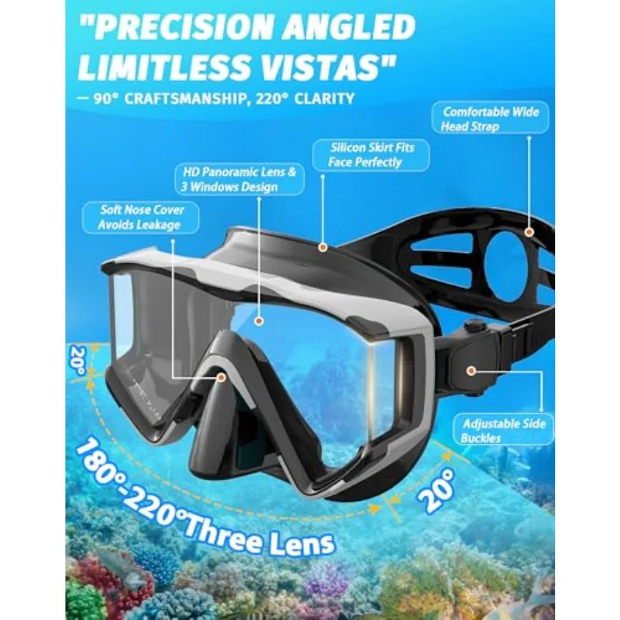 Snorkel Set Pano 3 Window Snorkel Mask Adult, Panoramic Wide View, Anti-Fog Scuba Diving Mask, Anti-Leak Snorkel Goggles Dry To