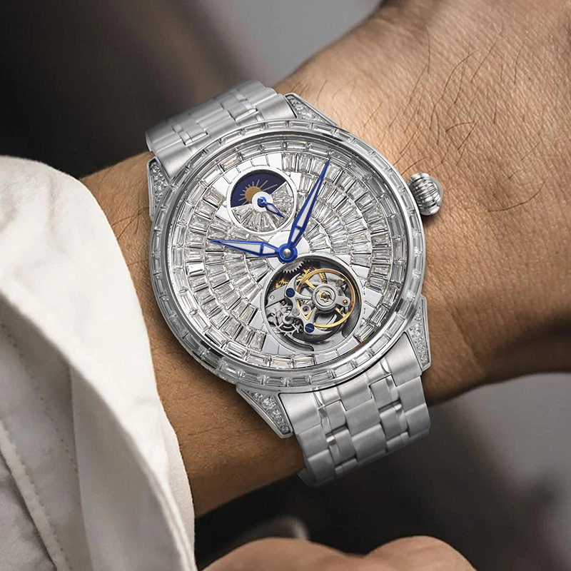 Orologio da uomo Quadrante con diamanti Cintura in acciaio inossidabile Orologio meccanico da uomo Movimento Tourbillon Orologio da uomo alla moda impermeabile 30 metri