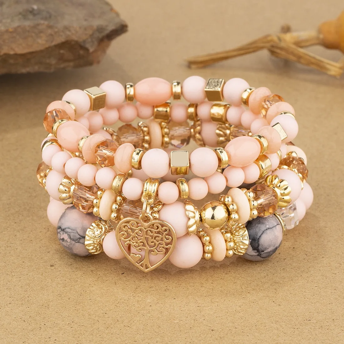 4-teiliges Armband-Set mit Herz- und Lebensbaum-Motiv für Damen, Acryl-Glasperlen, elastische Armkette, modischer Party-Schmuck für Frauen – Detail 13