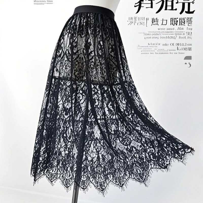 Transparent Sexy Lace Mesh Skirt Elastic High Waist Black White Tulle Mini Skirts Womens Skirt Korean Fashion Women's Skirt