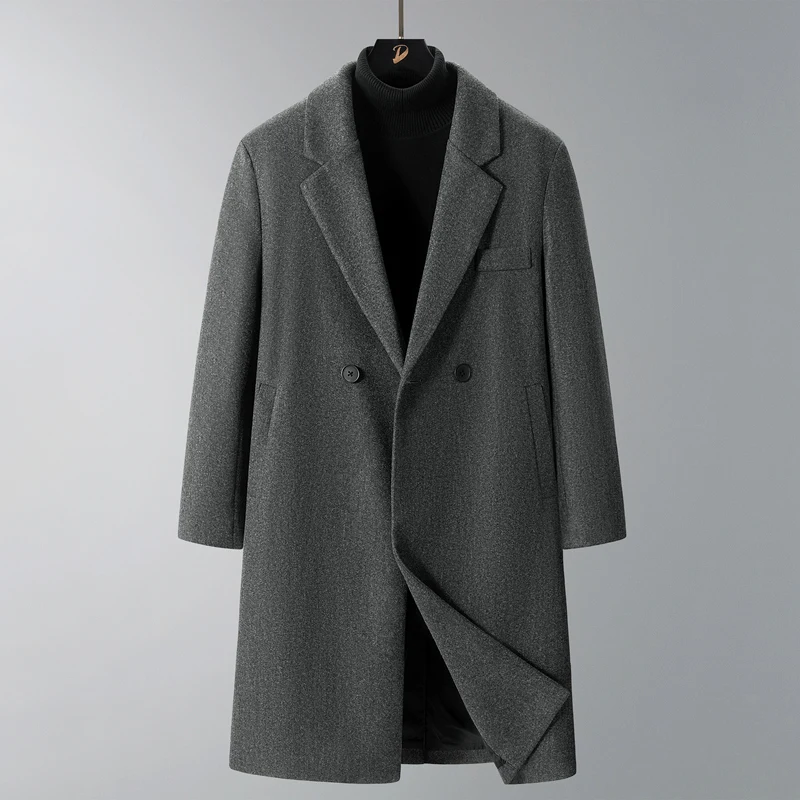 

Корейское мужское зимнее длинное шерстяное пальто в повседневном британском стиле, из костюмной ткани, двубортное, с длинными рукавами