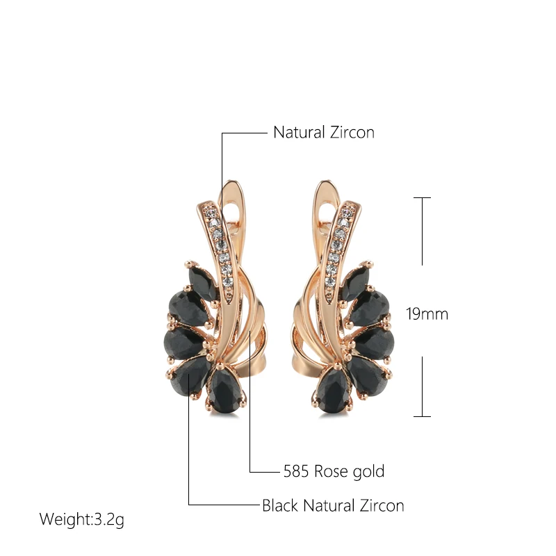 SYOUJYO Black Natural Zircon Flower Shape Earrings For Women Party Fine Jewelry Luxury 585 Rose Gold Color Fruit Drop Earrings