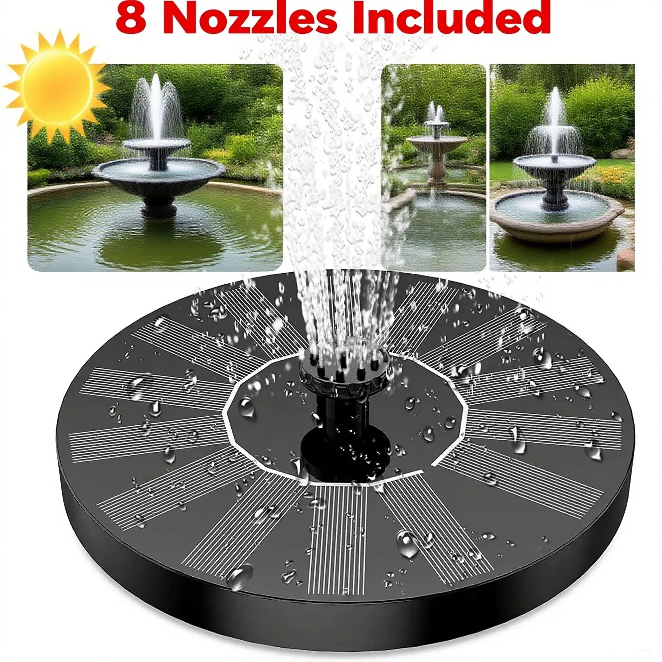 13cm, 16cm, 18cm 태양열 분수 펌프 - 정원 수영장, 야외 연못, 조류 목욕에 적합합니다. 8노즐 플로팅 디자인