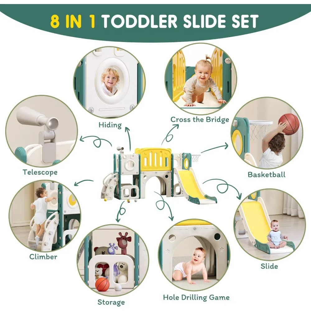 Juego de toboganes para niños: centro de juegos de escalada y deslizamiento con aro de baloncesto, adecuado para juegos al aire libre e en interiores