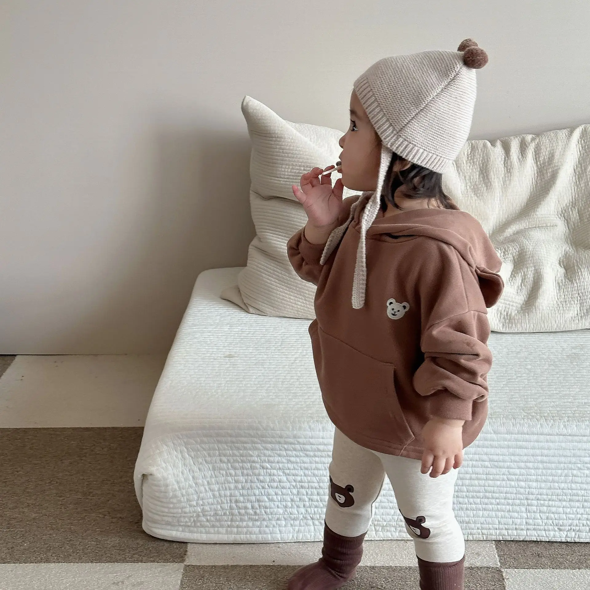 New Baby Long Sleeve Hooded Sweatshirt Infant Boy Cute Bear Embroidery Hoodie Toddler Girl Bear Ear Hooded Tops Kids Sweatshirt