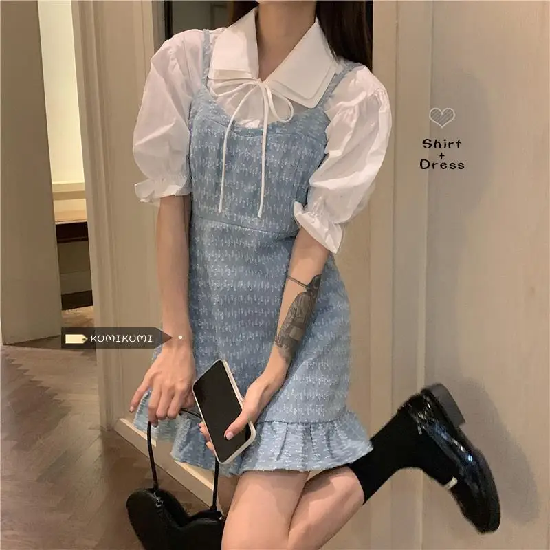 Suspender Dress Sets Women Chic Fashion Elegant Office Lady Outfits 2 Piece Korean Fall Basic Simple Female Shirts Vestido