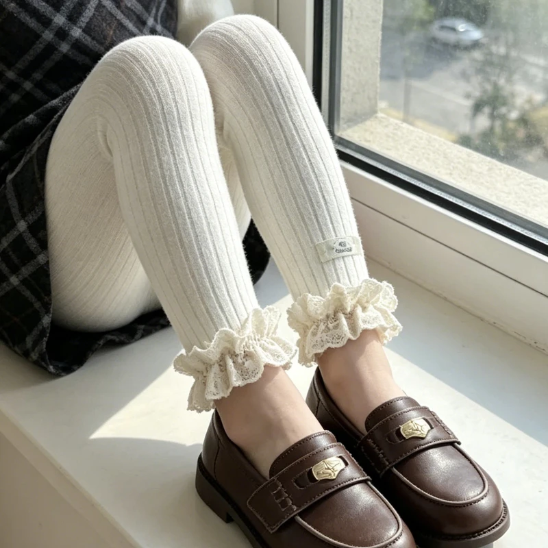 Sweet Ankle Length Leggings for Cute Girls Solid Color Light Fleece Lined Ribbon Lace Ruffle Trim Soft Breathable Daily Bottoms