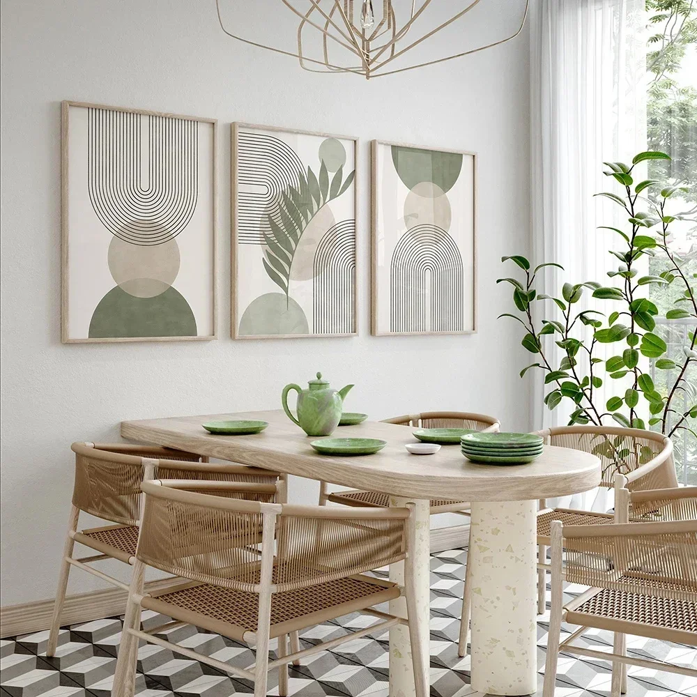3PCS Frameless Boho Geometric Botanical Canvas Wall Art, Sage Green Arch Prints for Living Room Decor
