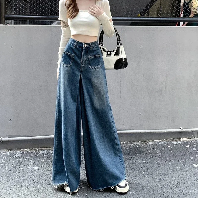 Woman High Waist Vintage Designer Wide Leg Jeans Female Gothic Loose Straight Leg Pants Girls Blue Light Blue Denim Trousers