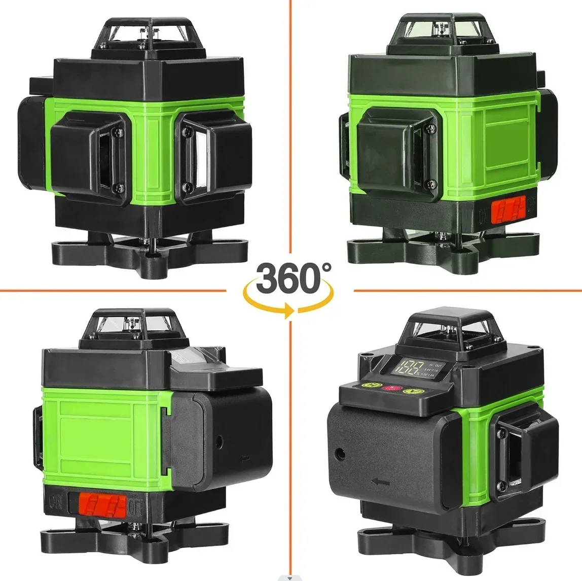 4D Laser Level 12/16 Lines Self-Leveling 360° Degree Horizontal & Vertical Cross Powerful Green Laser Beams Level Li-ion Battery