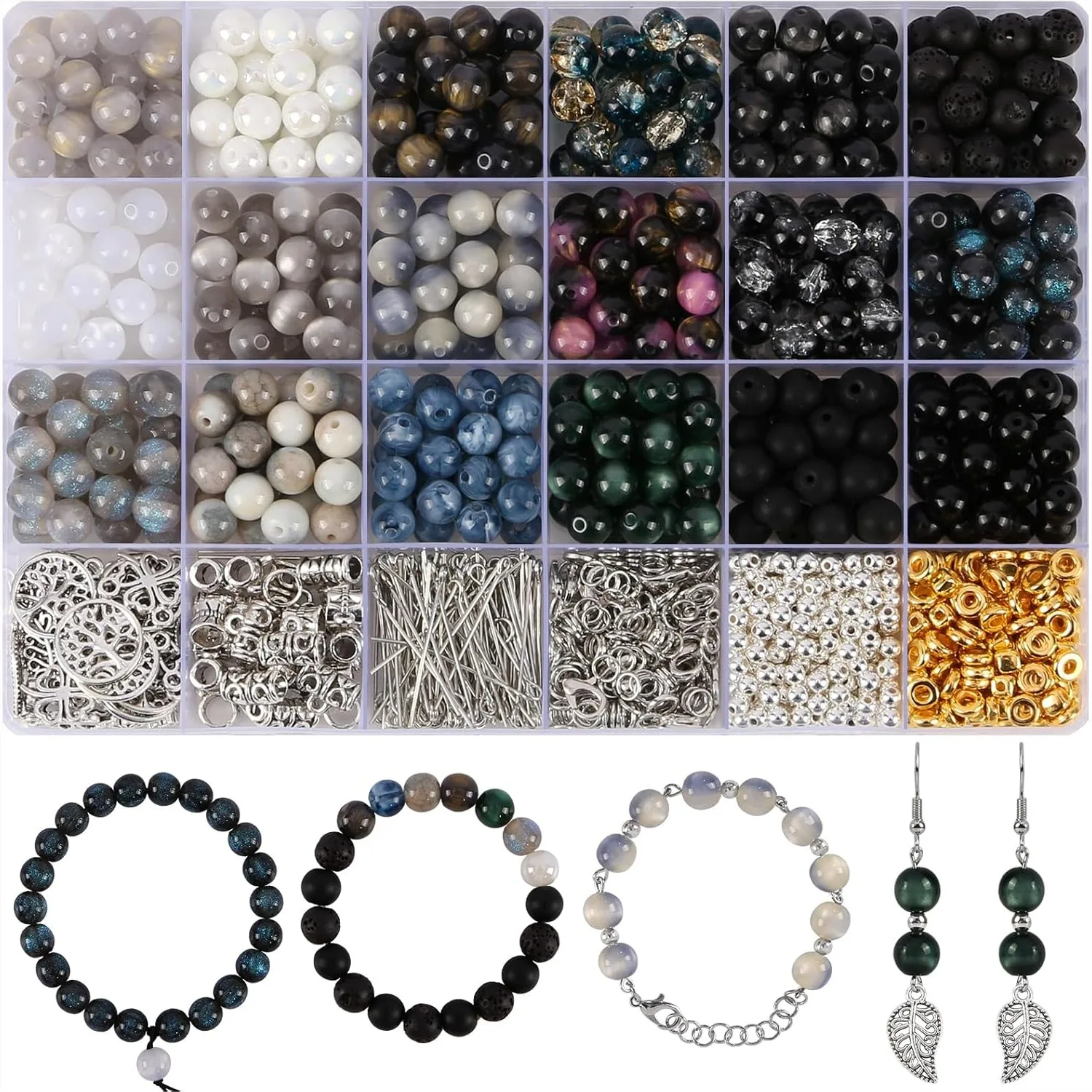 Glass Beads for Jewelry Making, 18 Colors 8mm Bead Kit with Spacers, Lava & Stone Beads for DIY Bracelets