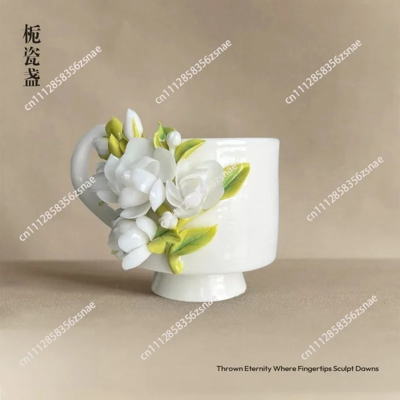 Intangible Cultural Heritage Handmade Ceramic Gardenia Ceramic Coffee Cup New Chinese Water Tea Cup Birthday Teachers' Day Gift