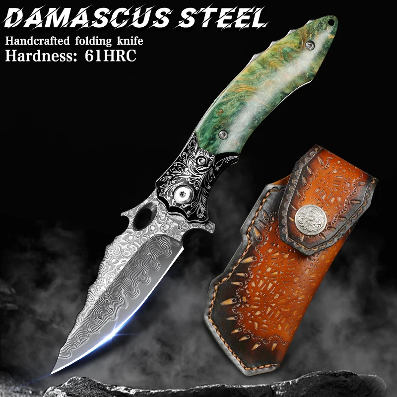 High-quality Damascus steel folding knife with stable wood handle, suitable for outdoor camping, hunting, and EDC pocket use.