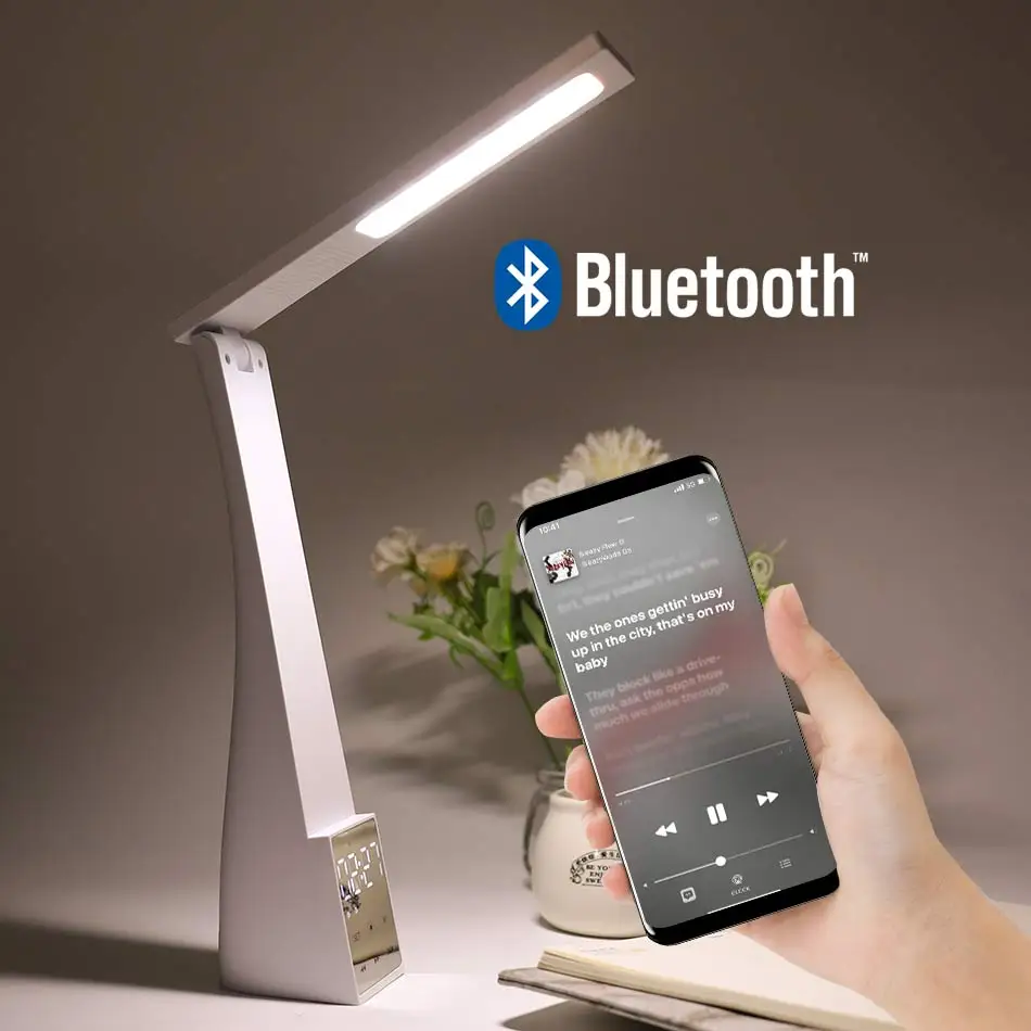 Rechargeable Led Desk Lamp With Bluetooth Speaker Temperature Alarm Clock Dimmable Table Lamp Child Eye Protection Reading Light