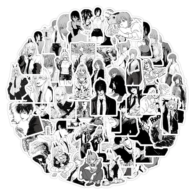 104pcs Black White Chainsaw Man Anime Stickers DIY Skateboard Luggage Helmet Phone Cool Cartoon Graffiti Decals Toy