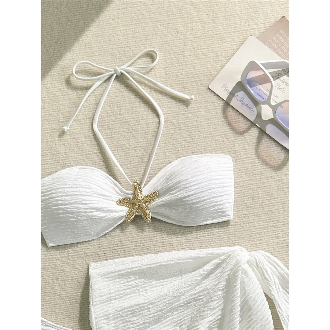 3-teiliges Set mit Sarong, Metallstern-Halterneck-Bikini, Damen-Badeanzug, Damen-Badebekleidung, dreiteiliges Bikini-Set, Badeanzug, Badebekleidung, Schwimmbekleidung V7042 – Detail 12