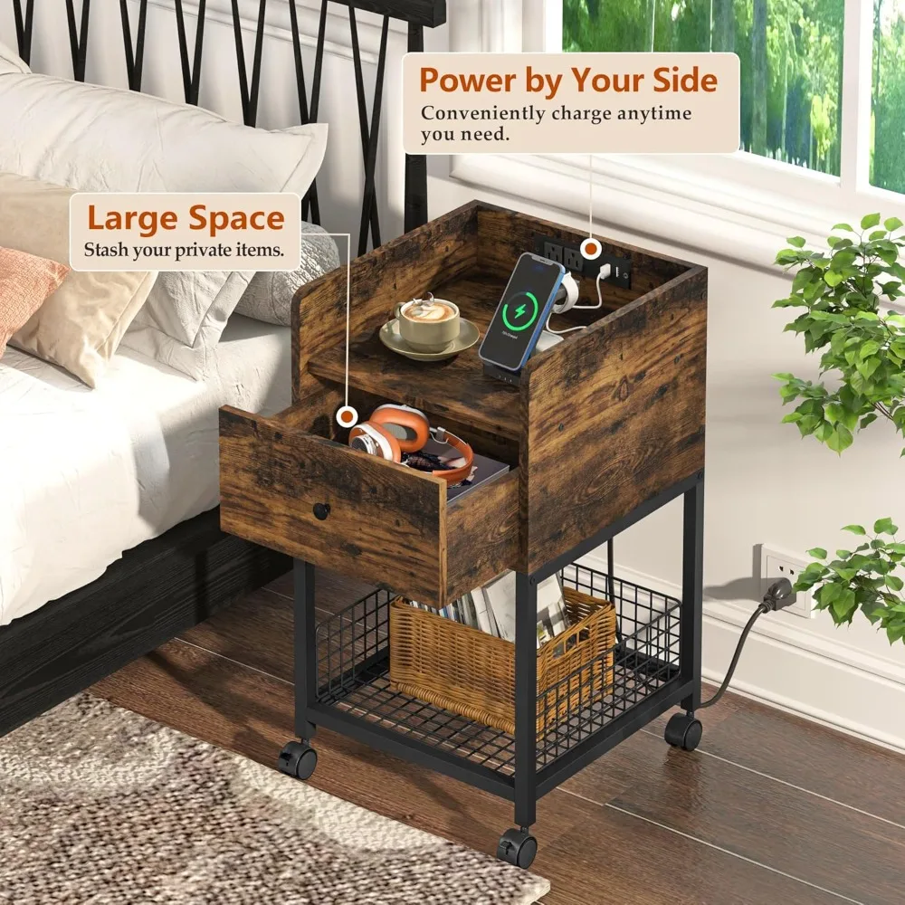 

Nightstand with Charging Station, End Tables Living Room, Side Tables Bedroom, , Kids Nightstand, Bedroom Storage