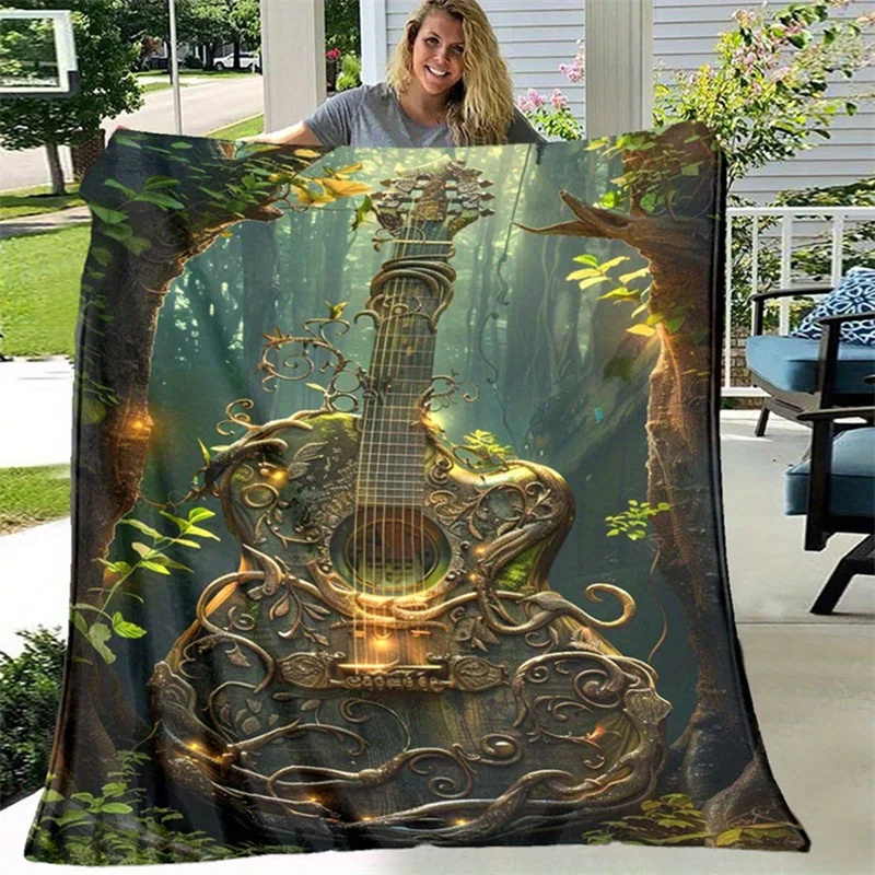 Enchanted Forest Retro Vine Wrapped Guitar Pattern Flannel Fleece Blanket Warm Plush Bed Throw for Living Room Office Travel