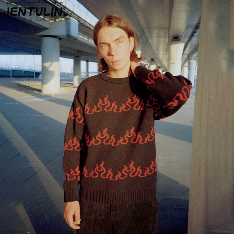 Men's Casual round Neck Pullover Sweater Irregular Jacquard Pattern Knitted Autumn Winter Contrast Color Knitwear