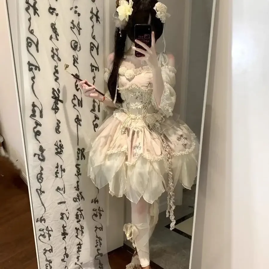 

Sweet Elegant Lolita Dress Women Kawaii Fruit Print Short Sleeve Princess Dresses Cute Bow Peter Pan Collar Pary Dress Hot Girls