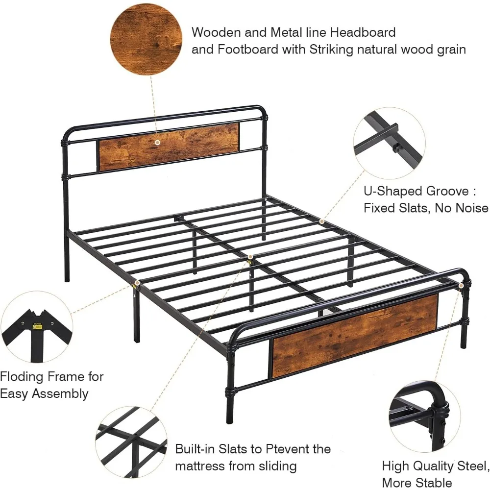 VECELO Cadre de lit pleine grandeur avec tête de lit et pied de lit en bois, plate-forme entièrement en métal, support à lattes solides et espace de rangement sous le lit, N