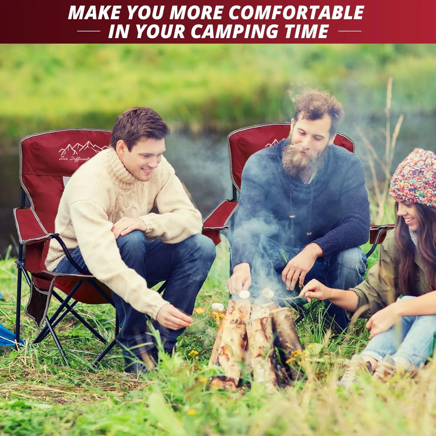 2PCS Mesh Folding Camping Chairs, Oversized Portable Outdoor Chairs, Weight Capacity 325 lbs with Cup Holder, Storage Pocket