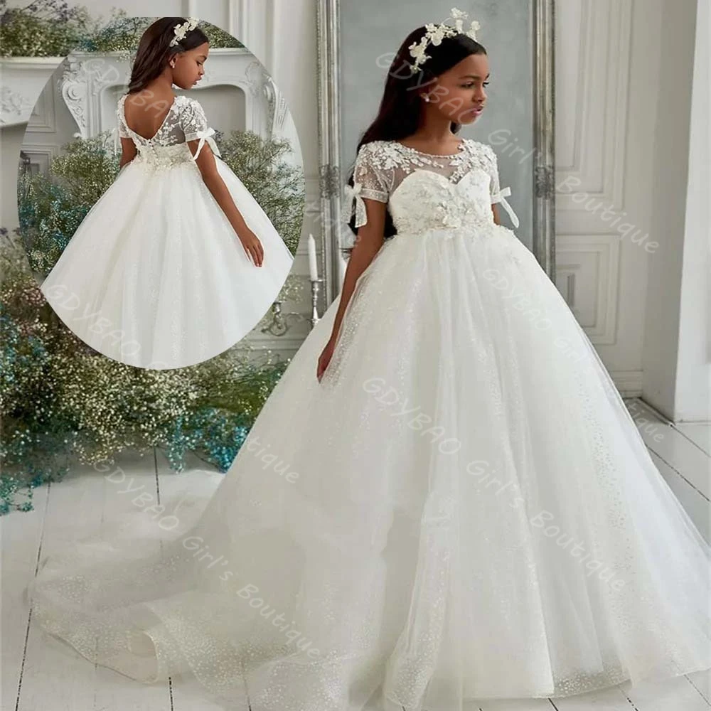 

Ivory Mini Bridal Wedding Dress for Flower Girls Sparkly Appliqued Tulle Pageant Holy Communion Dress Custom Kids Birthday Gown