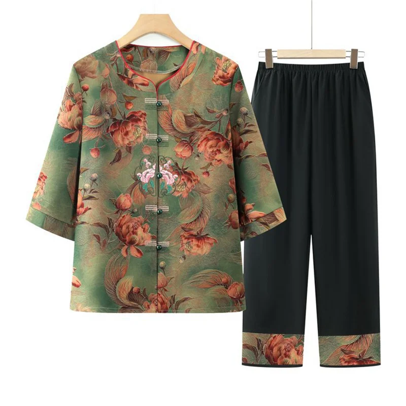 

XL-5XL Grandma Clothing Casual Home Wear Outside Two Piece Set Vintage Women's Pajamas Knit Sleepwear Mother Outfit Sleep Suit
