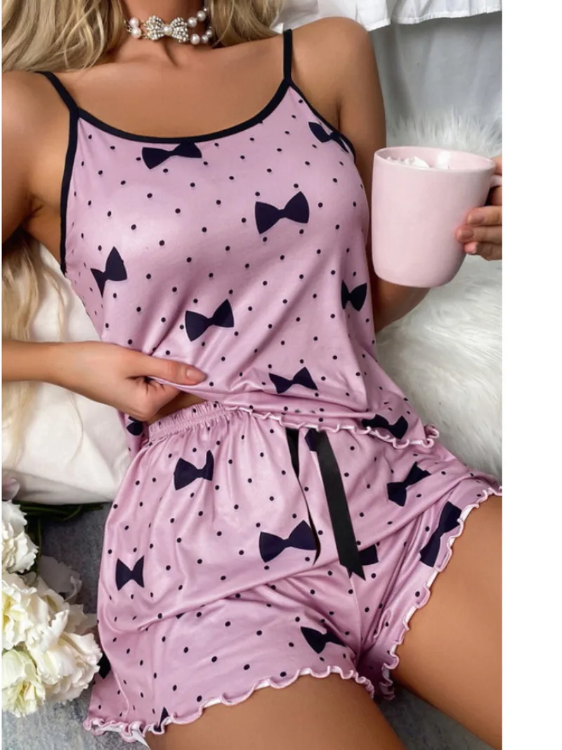 

Women's Milk Silk Summer Suspender Home Suit Set With Soft Drape And Cute Printed Pajamas Charming Beautiful Shorts Sets MGKI
