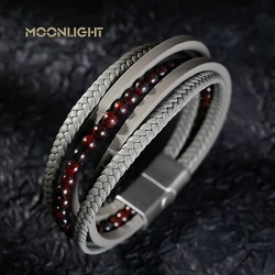 New Style Multilayer Man Natural Stone Bracelet Leather Braided Rope Stainless Steel Magnetic Clasp Bracelet Fashion Men Jewelry