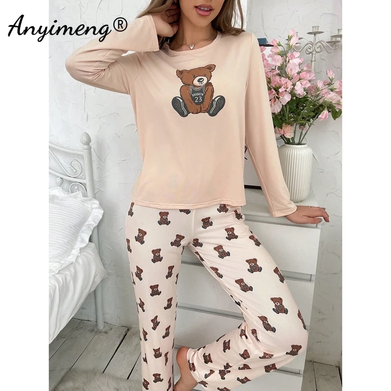 New Autumn Winter Cute Bear Print Pajamas for Women Long Sleeves Full Pants Sleepwear Milk Silk Nightwear Round Collar Homewear