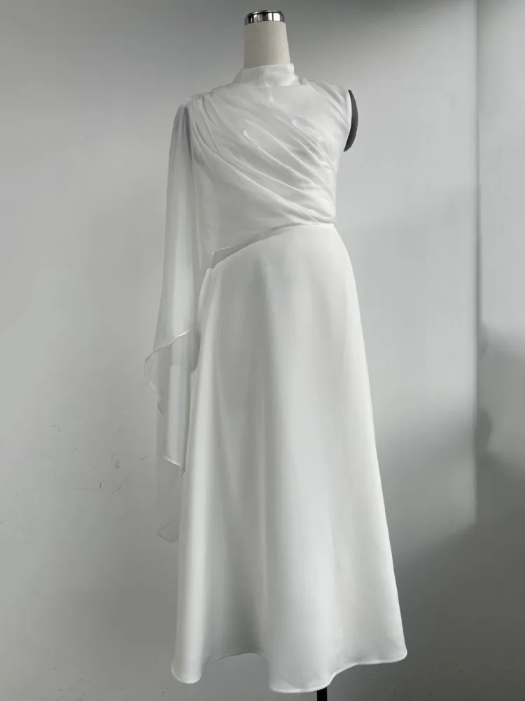 Qmqa moda feminina sentido flowy sheer sem mangas vestido branco xale estilo socialite elegante a linha vestidos de comprimento médio novo qm736