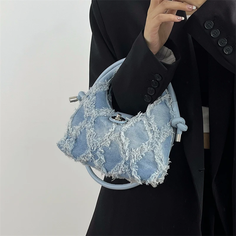 Fashion Design Ladies Tassel Crossbody Bags Simple Female Small Clutch Purse Handbags Retro Denim Women\'s Hobos Shoulder Bag