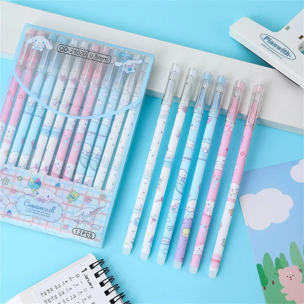 

12 шт./кор. гелевые ручки Sanrio Hello Kitty, милые мелодия Kuromi Cinnamoroll, 0,5 мм, ручка для письма, студенческие канцелярские принадлежности, школьные и офисные принадлежности