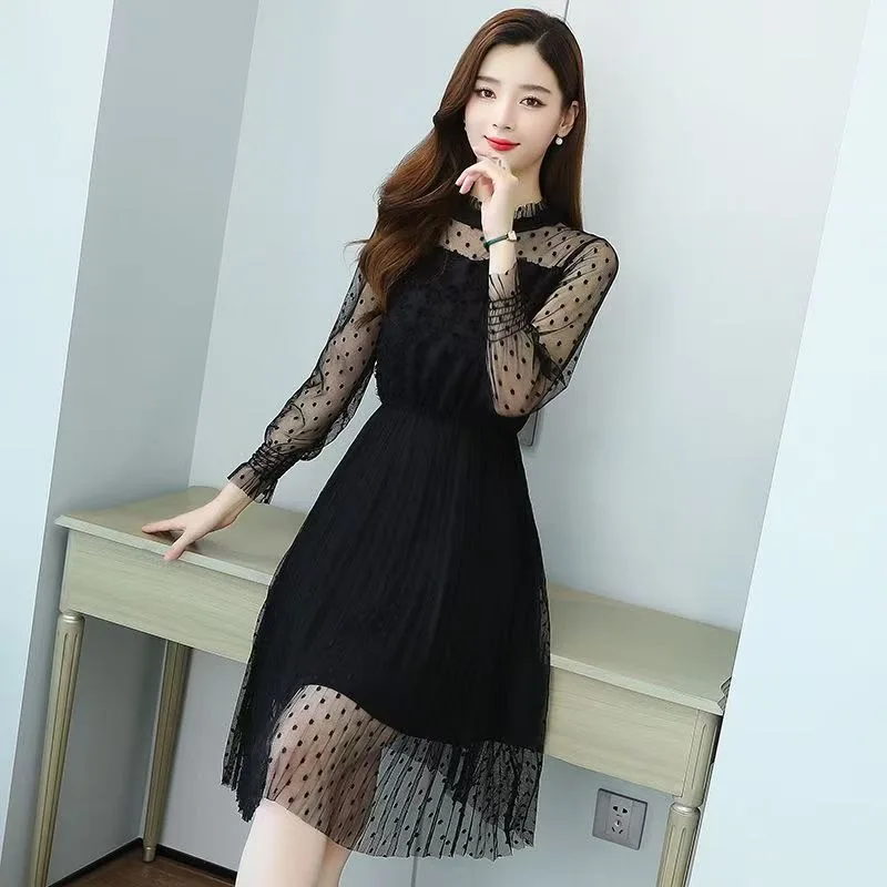 Women Sping Autumn Elegant Dresses Mesh Transparent Sleeves Lace Dress Fashion Polka Dot Dress Party Beachwear New Sexy Dresses