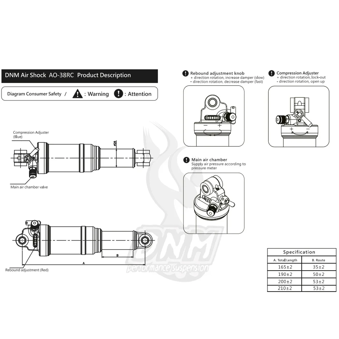 DNM AOY-36RC Mountainbike Air Achterschokdemper met Lockout 165x35mm 4 systeem, ST1428