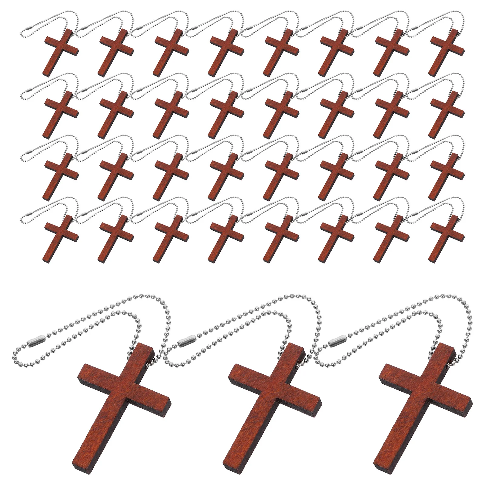 

50 set Wood Cross Beads Wooden Cross Charms Stainless Steel Chains Christmas Church Religious Party Favors Home Decor Natural