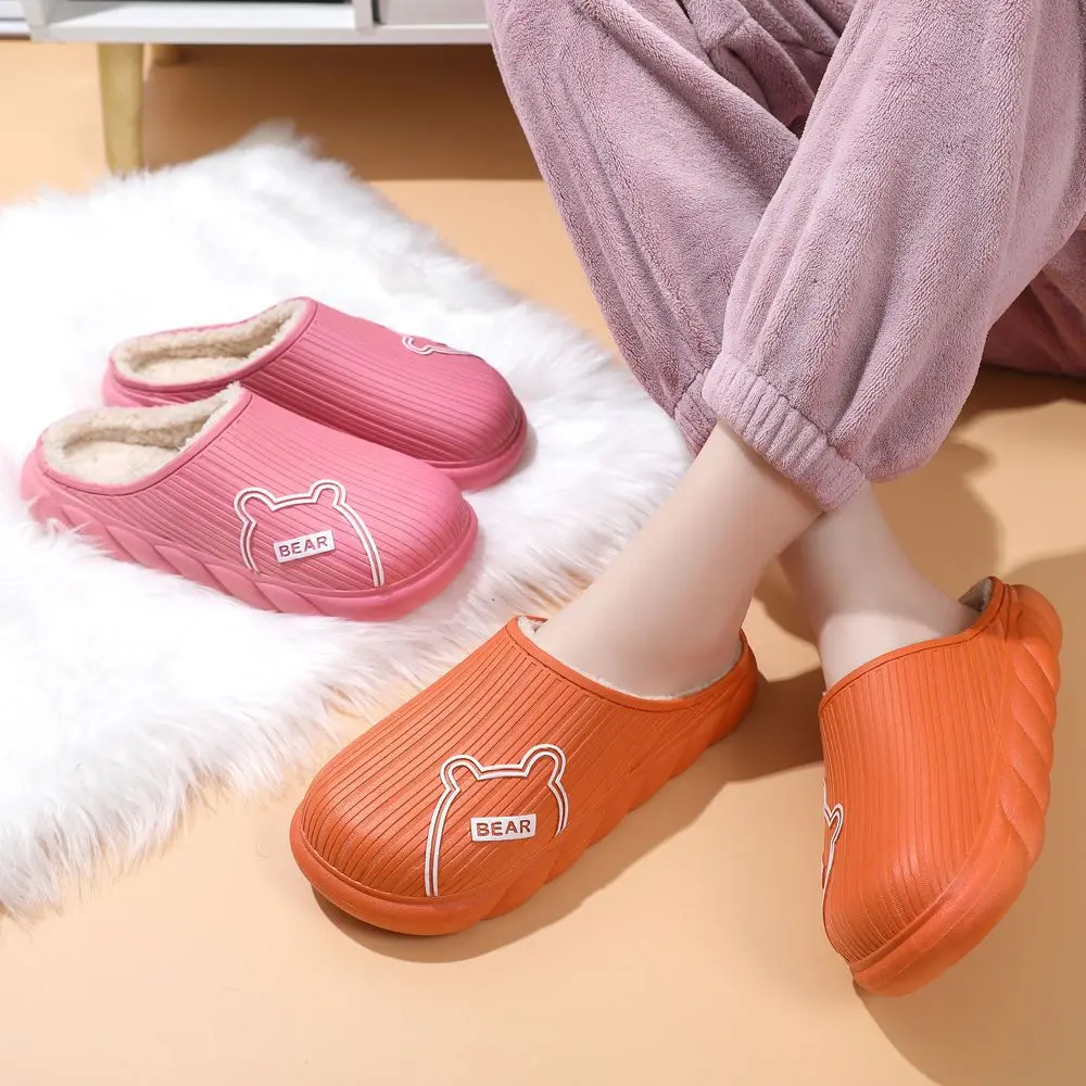 Unisex Autumn Winter Cartoon Warm Slippers Soft Waterproof PVC Plush Slippers Female Clogs Couples Home Indoor Fuzzy Shoes